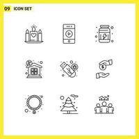 Pack of 9 creative Outlines of malware property gym money discount Editable Vector Design Elements