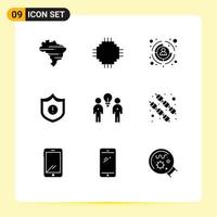 Pack of 9 creative Solid Glyphs of people brainstorm business warning guard Editable Vector Design Elements