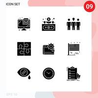 Pack of 9 Modern Solid Glyphs Signs and Symbols for Web Print Media such as wallet solution coach puzzle part Editable Vector Design Elements