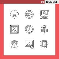 Group of 9 Modern Outlines Set for clock picture protection development coding Editable Vector Design Elements