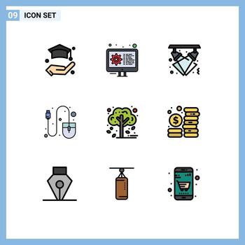 universal icono símbolos grupo de 9 9 moderno línea de relleno plano colores de otoño herramienta disco ratón computadora editable vector diseño elementos