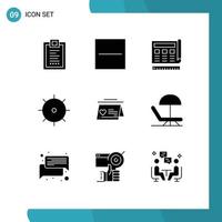 Group of 9 Solid Glyphs Signs and Symbols for calendar gear minus control website Editable Vector Design Elements