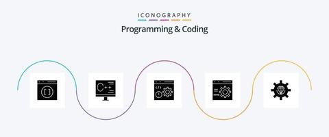 Programming And Coding Glyph 5 Icon Pack Including development. coding. development. programming. develop vector