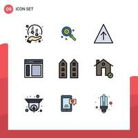 Mobile Interface Filledline Flat Color Set of 9 Pictograms of buildings sidebar sweet left communication Editable Vector Design Elements