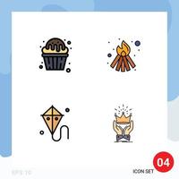 4 Universal Filledline Flat Color Signs Symbols of cupcake kite muffin fire mardi gras Editable Vector Design Elements