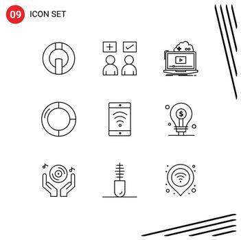 Mobile Interface Outline Set of 9 Pictograms of pie chart correct business streaming Editable Vector Design Elements