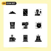 9 Thematic Vector Solid Glyphs and Editable Symbols of target ecommerce pc laptop game Editable Vector Design Elements