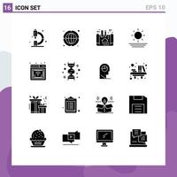 Modern Set of 16 Solid Glyphs and symbols such as online sun worldwide holiday scheme Editable Vector Design Elements