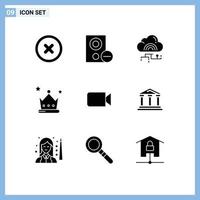 Group of 9 Modern Solid Glyphs Set for camera crown network award data Editable Vector Design Elements