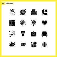 Pack of 16 Modern Solid Glyphs Signs and Symbols for Web Print Media such as media phone printer order commerce Editable Vector Design Elements