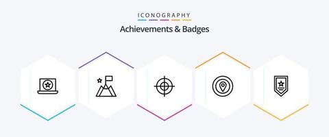 Achievements and Badges 25 Line icon pack including prize. star. aim. prize. location vector