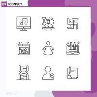 Mobile Interface Outline Set of 9 Pictograms of woman webpage church web setting spanner Editable Vector Design Elements