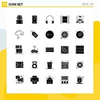 Set of 25 Vector Solid Glyphs on Grid for movie film android sound headset Editable Vector Design Elements