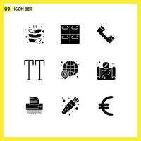 Pack of 9 Modern Solid Glyphs Signs and Symbols for Web Print Media such as global dollar call text all Editable Vector Design Elements