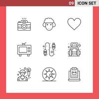 Editable Vector Line Pack of 9 Simple Outlines of usb cable heart media tv Editable Vector Design Elements