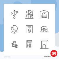 Pack of 9 Modern Outlines Signs and Symbols for Web Print Media such as cap gift car egg location Editable Vector Design Elements