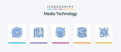 Media Technology Blue 5 Icon Pack Including global. ui. screen. menu. upload. Creative Icons Design vector