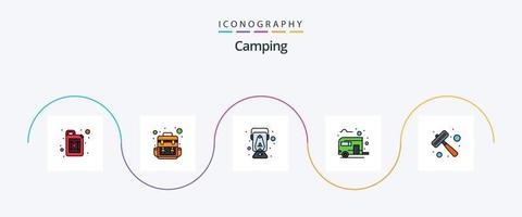 cámping línea lleno plano 5 5 icono paquete incluso carne. martillo. aceite. verano. acampar vector