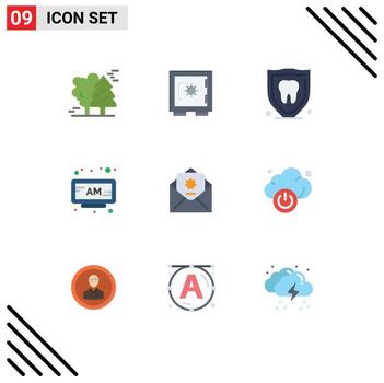 9 User Interface Flat Color Pack of modern Signs and Symbols of donation clock secure am tooth Editable Vector Design Elements