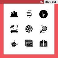 Pack of 9 creative Solid Glyphs of sunbathe person paper chair foreign Editable Vector Design Elements