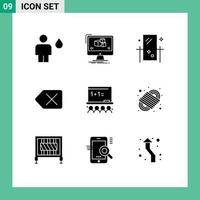 Set of 9 Commercial Solid Glyphs pack for delete backspace monitor reflection grooming Editable Vector Design Elements