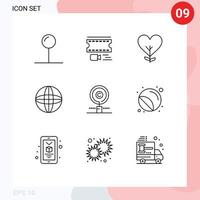 Universal Icon Symbols Group of 9 Modern Outlines of find content love world globe Editable Vector Design Elements