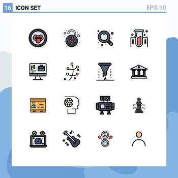 moderno conjunto de dieciséis plano color lleno líneas pictografía de altavoz computadora buscar gas experimentar editable creativo vector diseño elementos