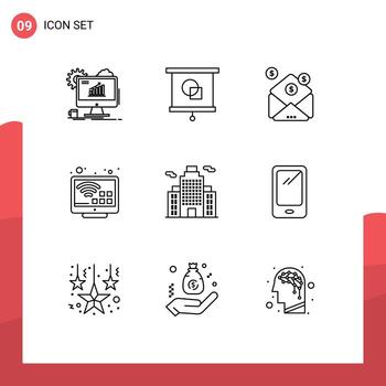 Pack of 9 Modern Outlines Signs and Symbols for Web Print Media such as building smart school internet message Editable Vector Design Elements