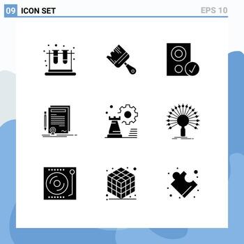 Mobile Interface Solid Glyph Set of 9 Pictograms of document contract computers certificate speaker Editable Vector Design Elements