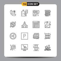 Outline Pack of 16 Universal Symbols of shield protection video calculation tools Editable Vector Design Elements