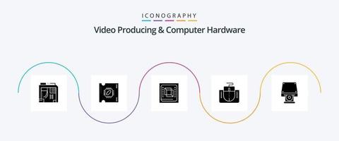 Video Producing And Computer Hardware Glyph 5 Icon Pack Including dvd. mouse interface. chip. interface. processor vector