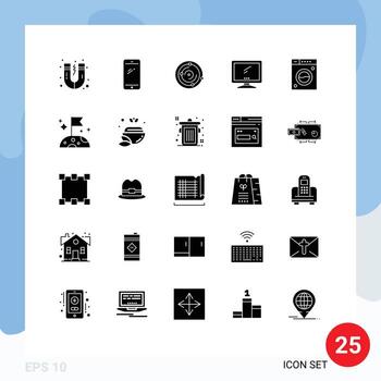 Mobile Interface Solid Glyph Set of 25 Pictograms of clean imac spase device computer Editable Vector Design Elements