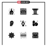 9 Thematic Vector Solid Glyphs and Editable Symbols of hotel head cooler mind learning Editable Vector Design Elements