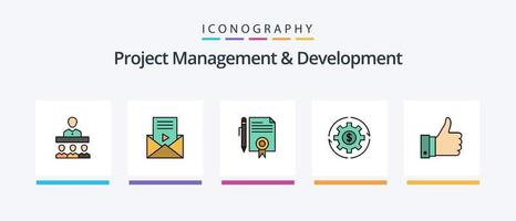 Project Management And Development Line Filled 5 Icon Pack Including capital. thinking. document. mechanic. idea. Creative Icons Design vector