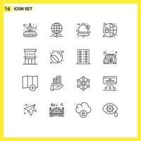 Group of 16 Modern Outlines Set for architecture protection data network notification Editable Vector Design Elements