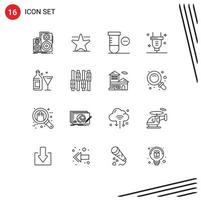 16 Universal Outline Signs Symbols of bottle glass minus electricity power Editable Vector Design Elements