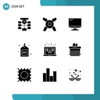 Modern Set of 9 Solid Glyphs and symbols such as laptop search monitor optimized engine Editable Vector Design Elements