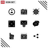 Pack of 9 Modern Solid Glyphs Signs and Symbols for Web Print Media such as message sport gear ludo dice Editable Vector Design Elements