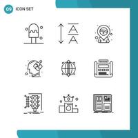 Group of 9 Modern Outlines Set for design success human globe focus Editable Vector Design Elements