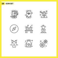 Pack of 9 Modern Outlines Signs and Symbols for Web Print Media such as river bridge investment across map Editable Vector Design Elements