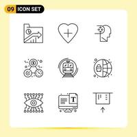 Pack of 9 Modern Outlines Signs and Symbols for Web Print Media such as train perfection mind time clock Editable Vector Design Elements