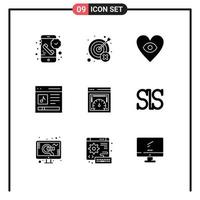 Set of 9 Vector Solid Glyphs on Grid for user interface target content love Editable Vector Design Elements