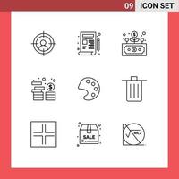 Pack of 9 Modern Outlines Signs and Symbols for Web Print Media such as tools color development coins investment Editable Vector Design Elements