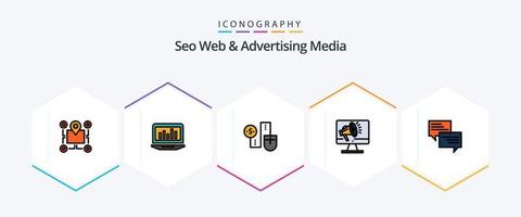 Seo Web And Advertising Media 25 FilledLine icon pack including high volume. connection. analytics. dollor. connect vector