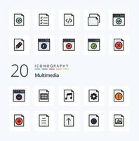 20 multimedia línea lleno color icono paquete me gusta nuevo añadir archivo archivo alerta vector