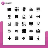 Set of 25 Vector Solid Glyphs on Grid for advertising cinema data happy drum Editable Vector Design Elements