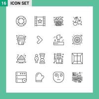 Set of 16 Vector Outlines on Grid for cake food cart cherry items Editable Vector Design Elements