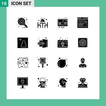 16 Solid Glyph concept for Websites Mobile and Apps door add computer camera page Editable Vector Design Elements