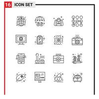 Pack of 16 creative Outlines of atom secure bag protection gentleman Editable Vector Design Elements