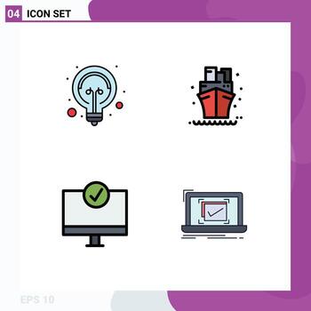 Mobile Interface Filledline Flat Color Set of 4 Pictograms of bulb connected tips ship gadget Editable Vector Design Elements